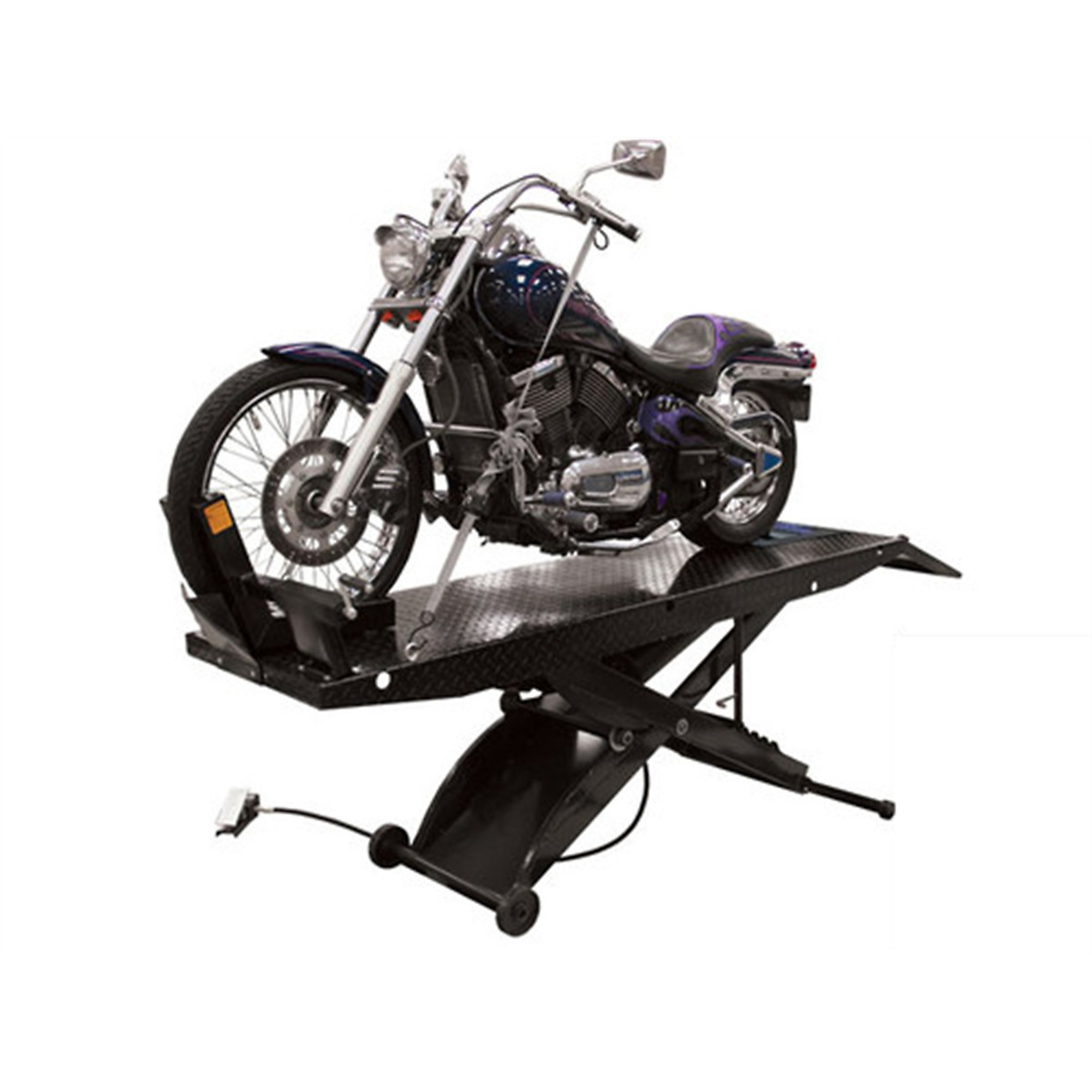 Atlas Automotive Equipment ACL Portable Motorcycle Lift, 1,000lbs., 33" Full Lift Height, 85 1/2" Table Length, Air-operated, Diamond Plate Surface, Front Wheel Vise, Removeable Roller Plate
